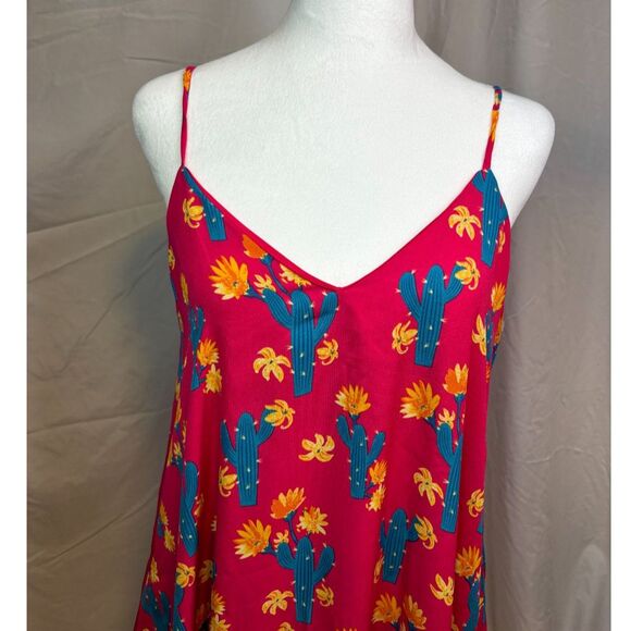 Peach Love California Pink Cactus Print Mini Swing Dress Pockets Boho Womens - Picture 3 of 7